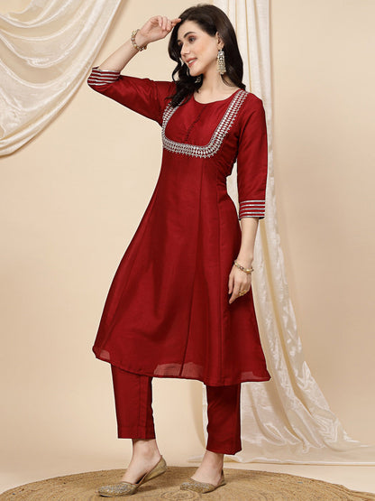 Maroon Mirror Work Embroidered Anarkali Kurta With Trouser & Dupatta