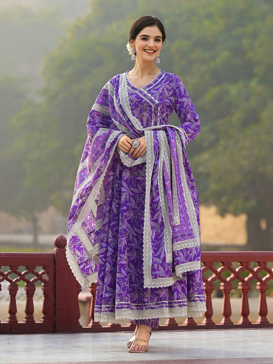 Dhiyona IS Women's Floral Printed Angrakha Thread Work Pure Cotton Kurta with Trousers & Dupatta