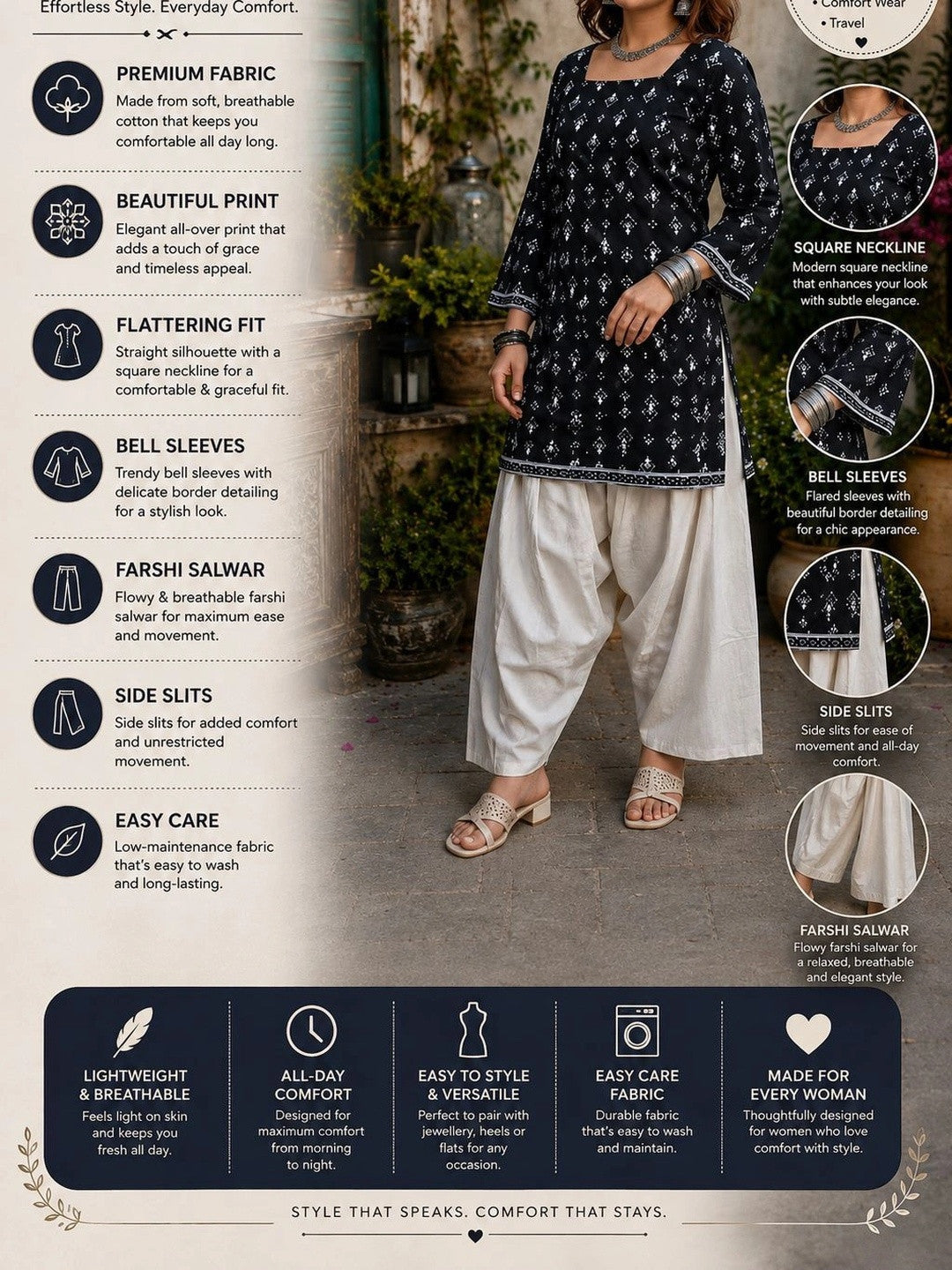 Women Printed Regular Pure Cotton Kurti with Farsi Salwar