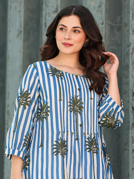 Floral Printed Round Neck Pure Cotton A-Line Kurta With Trousers