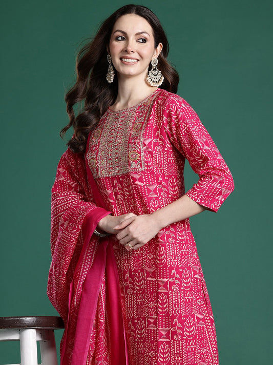 Ethnic Motifs Printed Sequinned Pure Cotton Kurta with Trousers & With Dupatta