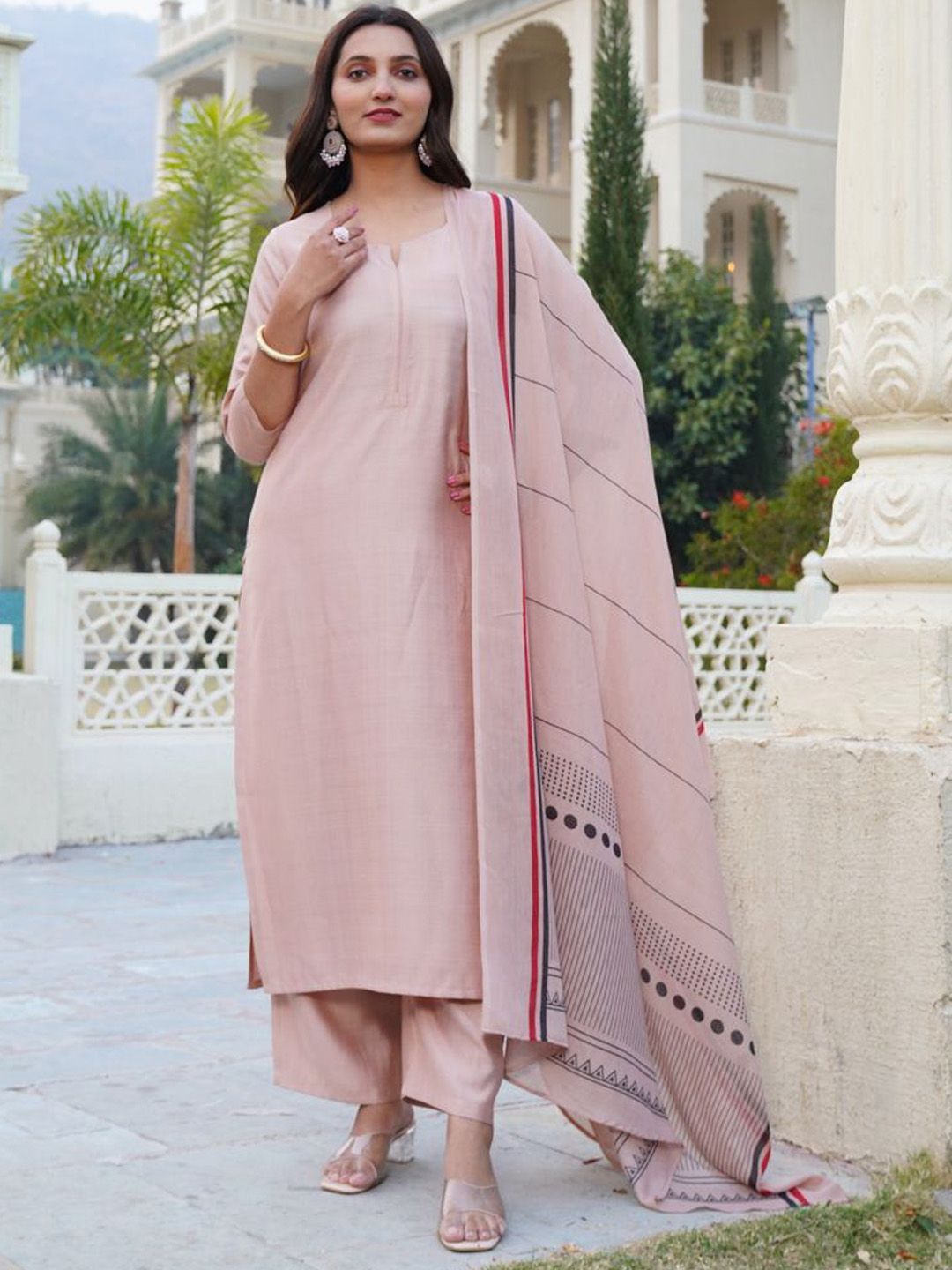 Dhiyona KL Notch Neck Straight Kurta With Palazzos And Dupatta