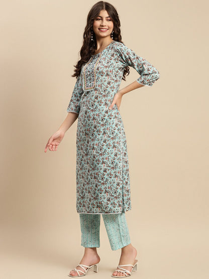 Sea Green & Brown Floral Printed Pure-Cotton Straight Kurta With Trouser & Dupatta