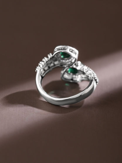 Dhiyona RJ Women's Rhodium Plated Emerald & Cubic Zirconia Studded Demi Fine Heart Motif Openable Ring