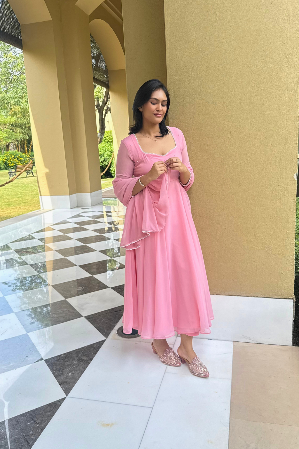 Dhiyona ST 3 pc Suit Set -Light Pink Pearl Edge Georgette 3/4th Sleeve Anarkali with Dupatta and Pants