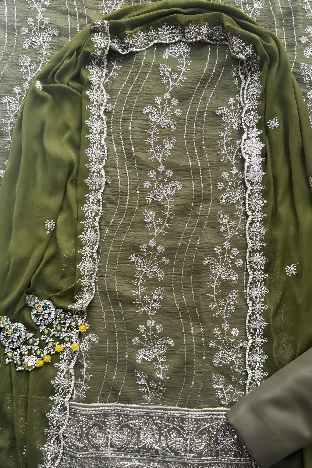 Dhiyona ST 3 Pc Unstitched Suit - Chiffon Green hand Embroidered Beaded Kurta with Lining ,Dupatta and Bottom