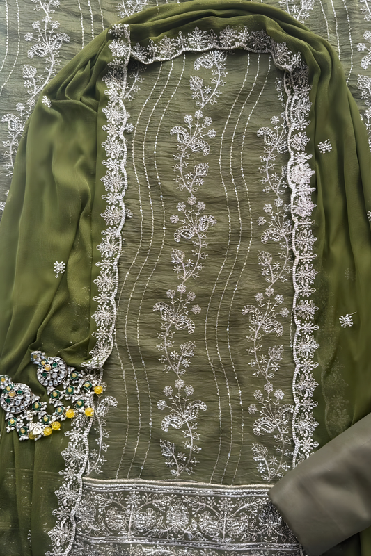 Dhiyona ST 3 Pc Unstitched Suit - Chiffon Green hand Embroidered Beaded Kurta with Lining ,Dupatta and Bottom