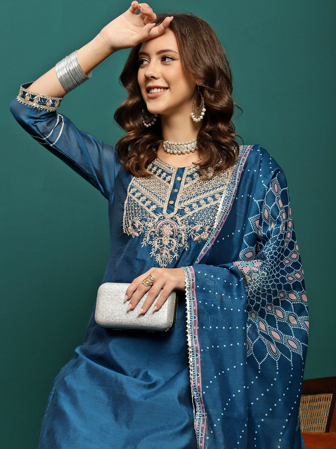 Embroidered Round Neck Straight Kurta With Trousers & Dupatta