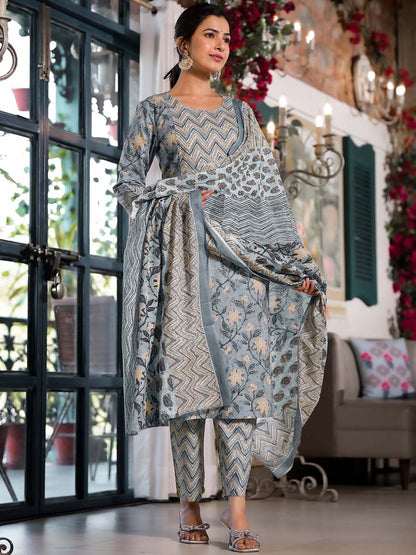 Dhiyona KL Floral Printed Regular Pure Cotton Kurta ,Trousers & Dupatta