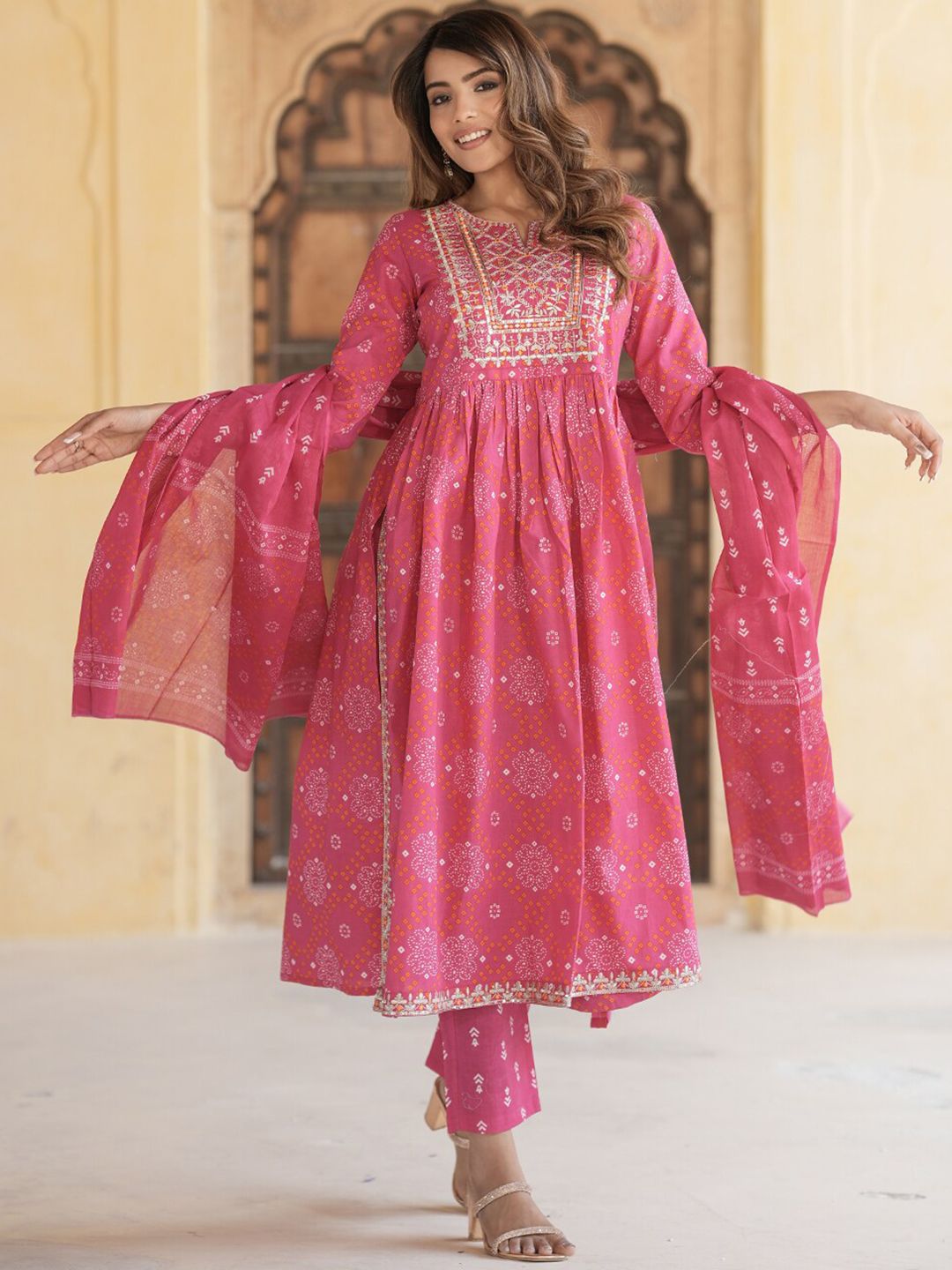 Dhiyona KL Ethnic Motifs Embroidered Thread Work Empire Pure Cotton Kurta Trousers & Dupatta