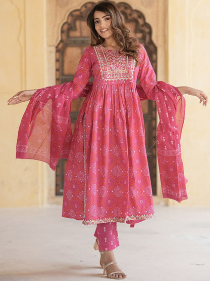 Dhiyona KL Ethnic Motifs Embroidered Thread Work Empire Pure Cotton Kurta Trousers & Dupatta