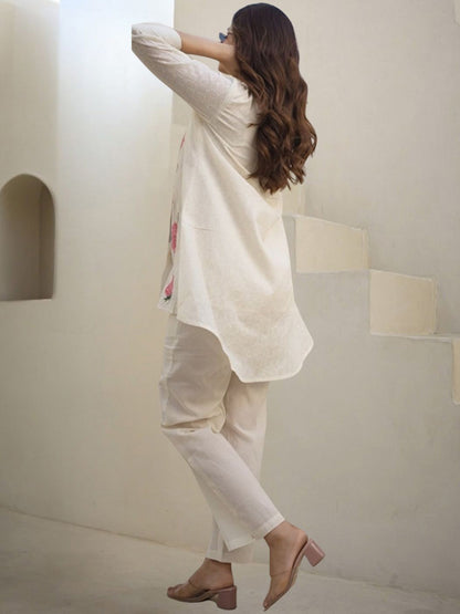 Floral Embroidered Thread Work Pure Cotton A-Line Kurta With Trousers