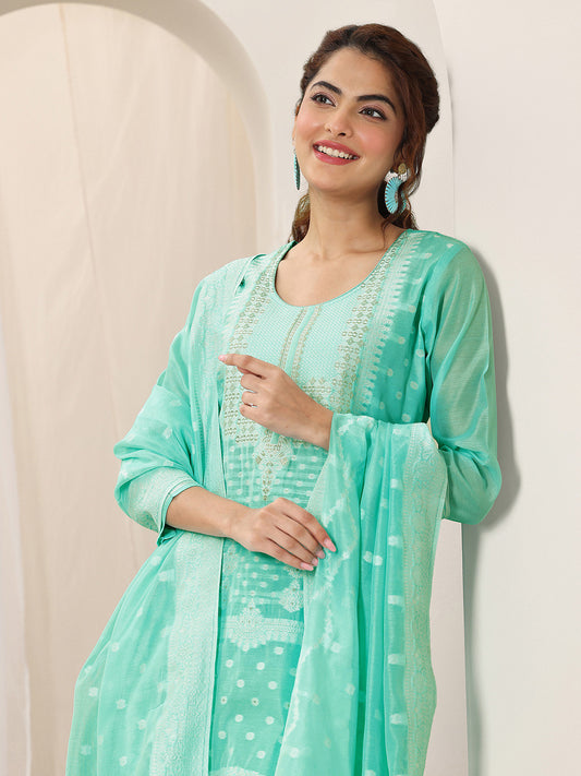 Floral Woven Design Chanderi Silk Straight Kurta With Trouser & Dupatta