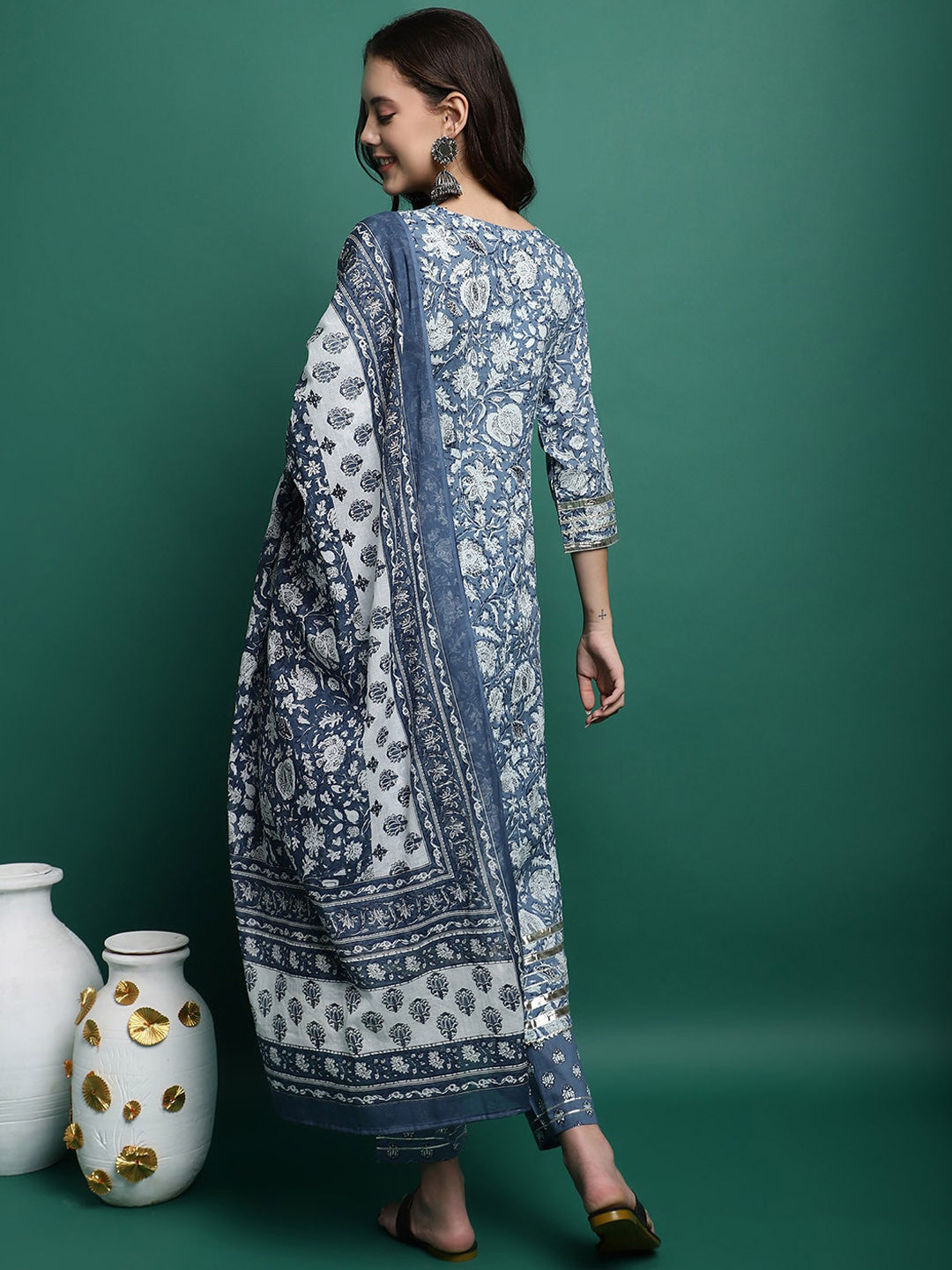 Floral Printed Pure Cotton Anarkali Kurta With Trousers & Dupatta