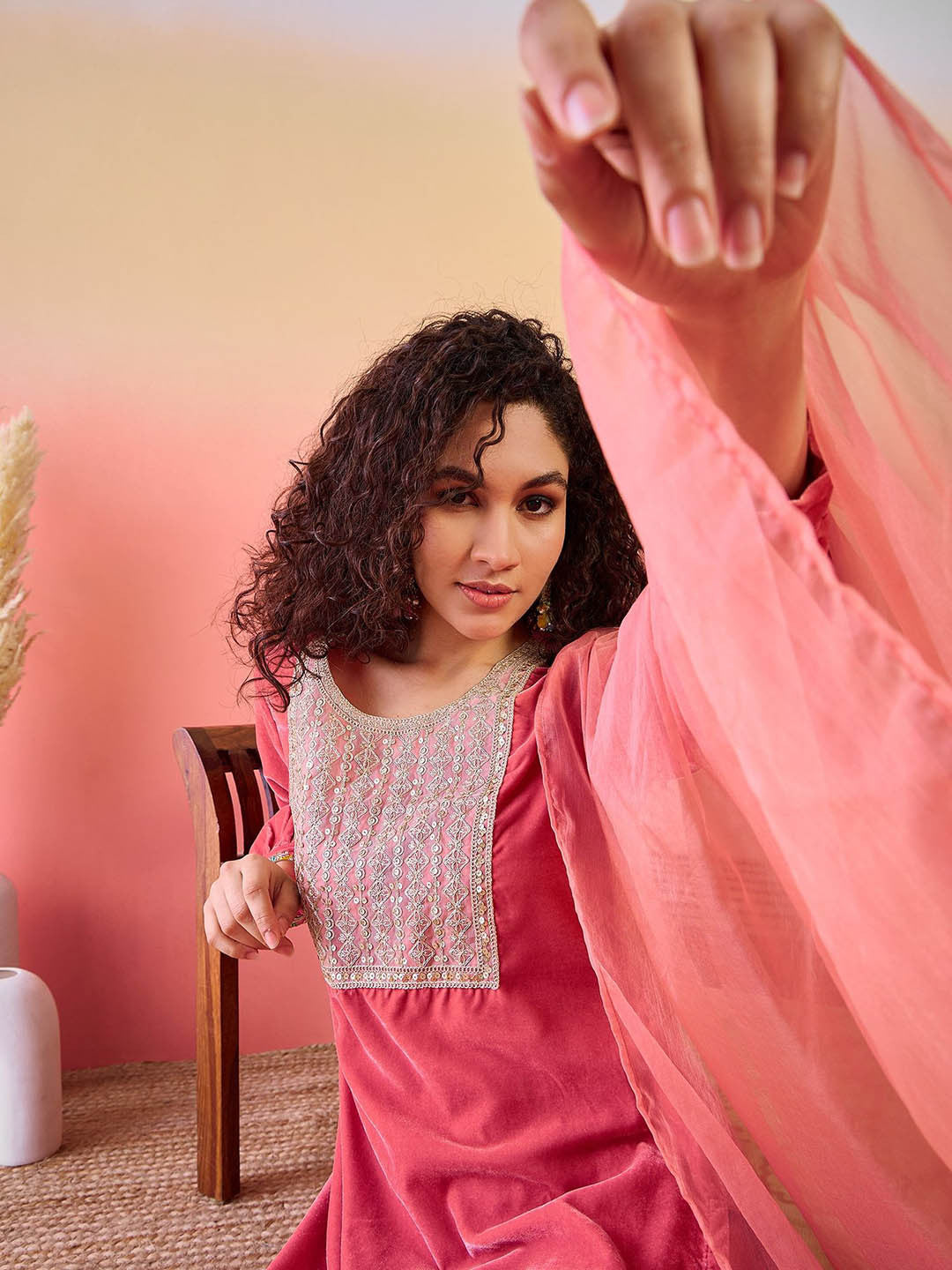 Floral Yoke Design Sequinned Round Neck Velvet Straight Kurta & Salwar & Dupatta