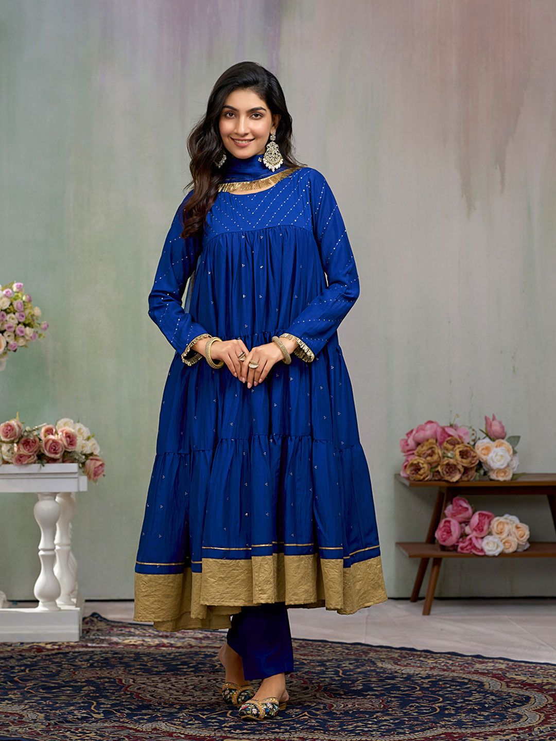 Dhiyona CH Women Floral Embroidered Tiered Sequinned A-Line Kurta With Trousers & Dupatta