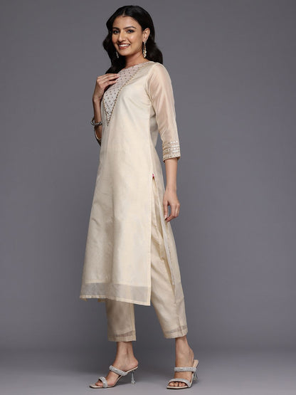 Off White Ethnic Motifs Yoke Design Sequinned Kurta With Trousers & Dupatta