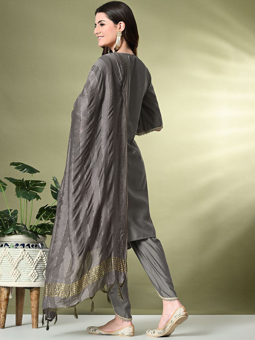 Grey Ethnic Motifs Yoke Design Beads & Stones A-Line Fusion Kurta Set