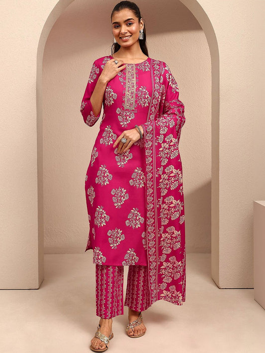 Women Floral Printed Regular Thread Work Kurta with Trousers & With Dupatta