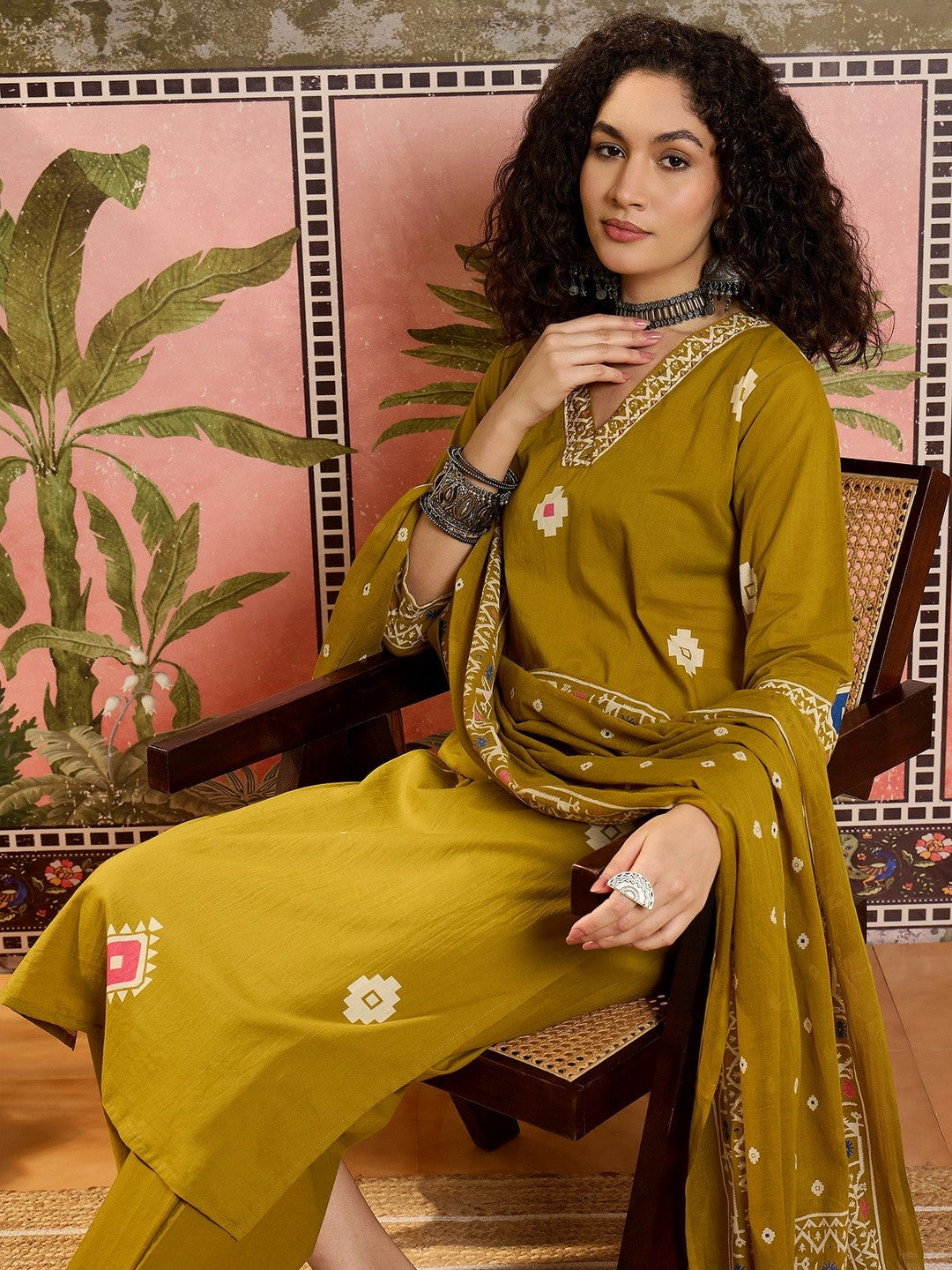 Printed Cotton V-Neck Kurta & Trousers With Dupatta