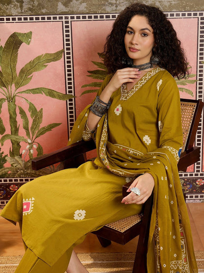 Printed Cotton V-Neck Kurta & Trousers With Dupatta