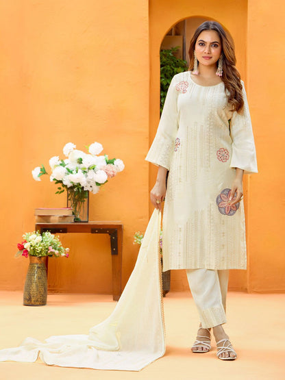 Dhiyona CH Floral Embroidered Sequinned Pure Cotton Straight Kurta With Trousers & Dupatta