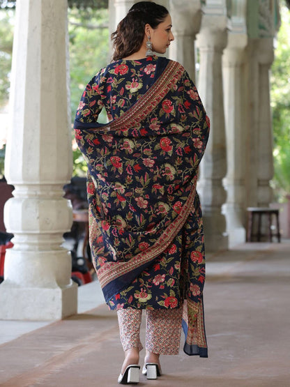 Dhiyona RR Women's Floral Printed V-Neck Pure Cotton Kurta with Trousers & With Dupatta