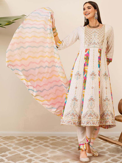 Dhiyona IS Women's Floral Printed A-Line Mirror Work Kurta with Trousers & Dupatta