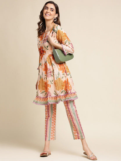 Dhiyona IS Women's Peach Floral Printed Pure Cotton Empire Kurta With Trousers