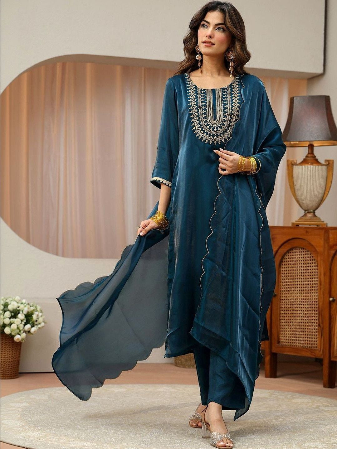 Libas Navy Blue Yoke Design Tissue Straight Suit Set