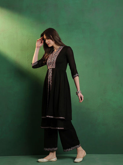 Dhiyona SN Women's Alina Cut Embroidered A-Line Silk Kurta With Palazzo Set