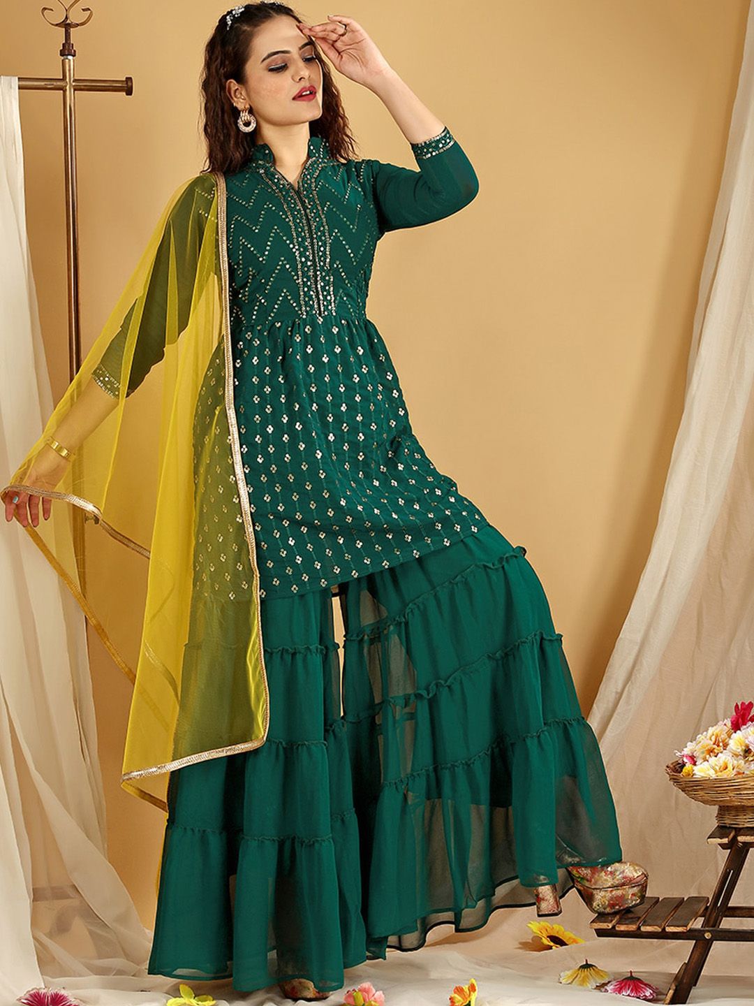 Dhiyona KL Floral Embroidered Regular Kurti with Sharara & Dupatta