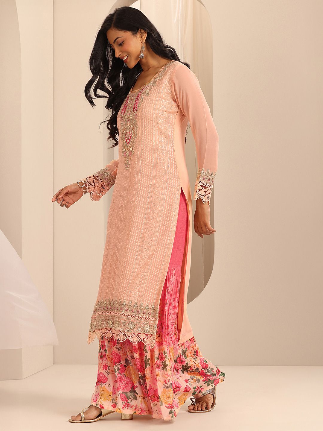 Dhiyona LL Womens Peach Embroidered Georgette Straight Kurta With Sharara & Dupatta