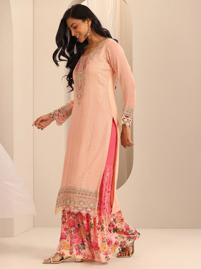 Dhiyona LL Womens Peach Embroidered Georgette Straight Kurta With Sharara & Dupatta