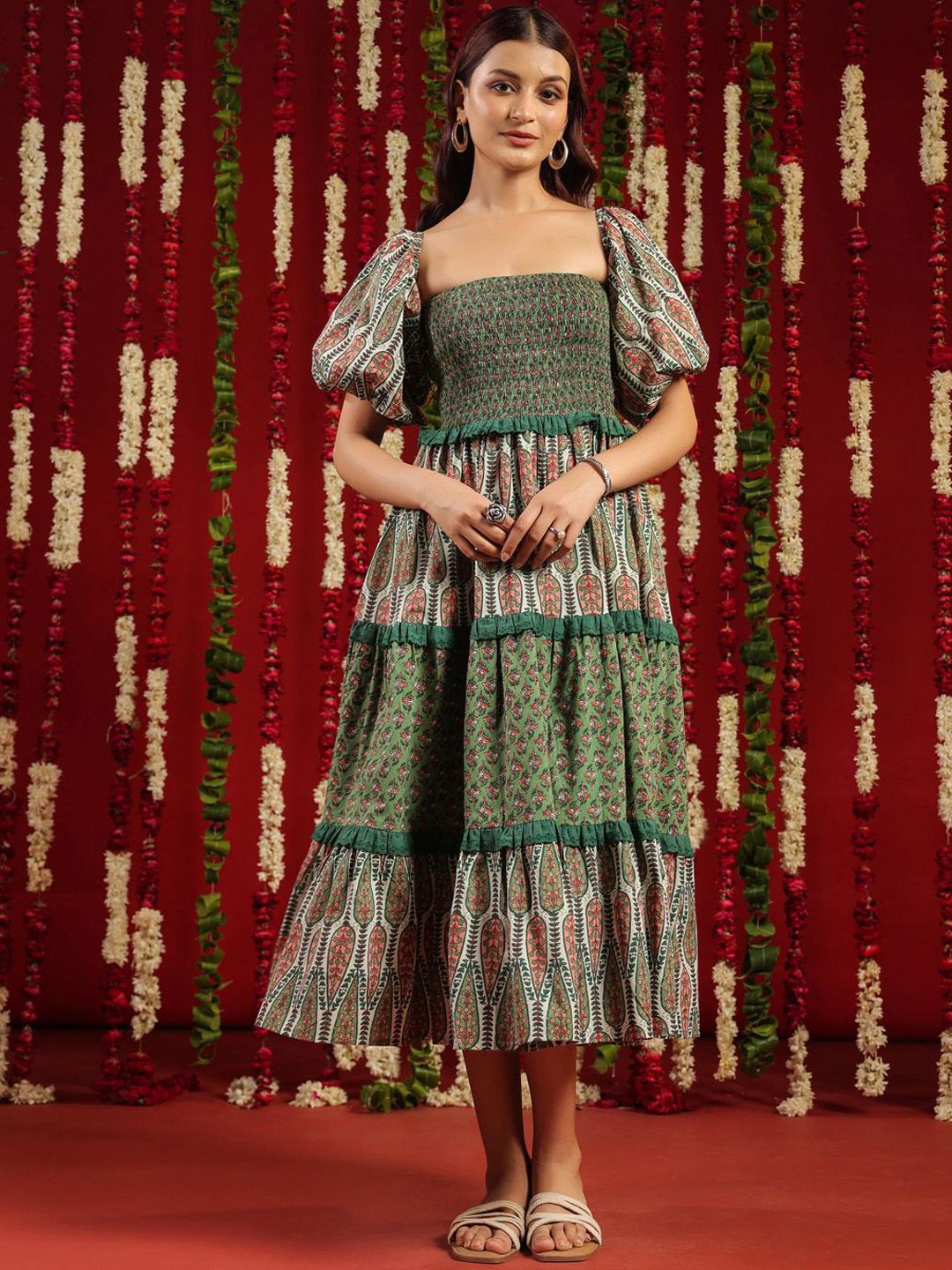 Dhiyona AY Women's Printed Cotton Puff Sleeves Smocked Tier Midi Ethnic Dress With Lace