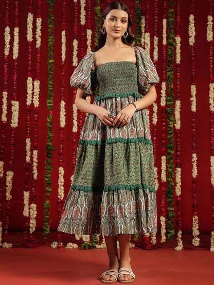 Dhiyona AY Women's Printed Cotton Puff Sleeves Smocked Tier Midi Ethnic Dress With Lace