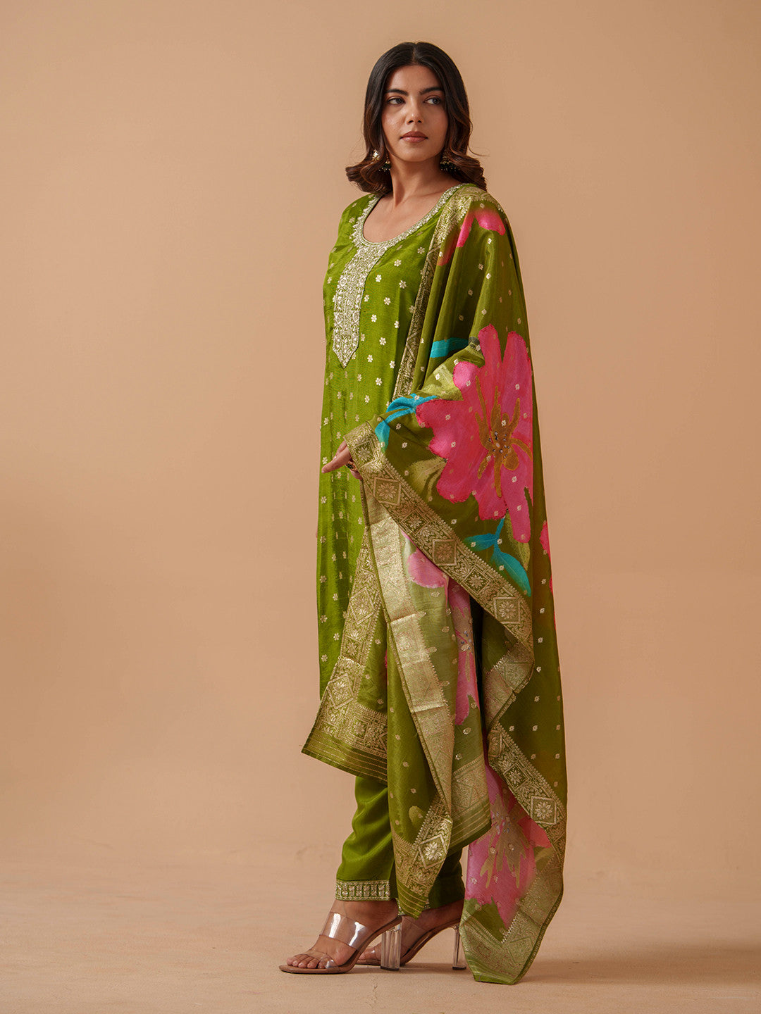 Floral Embroidered Kurta With Trousers & Dupatta