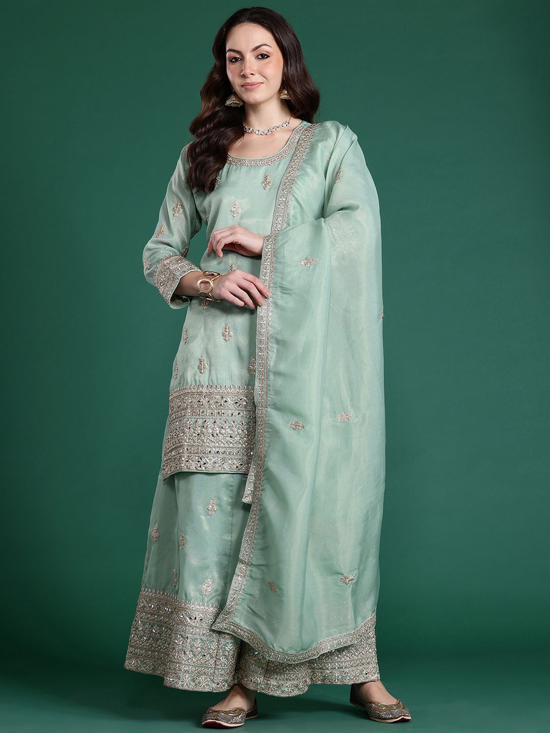 Dhiyona IE Ethnic Motifs Embroidered Sequinned Kurta with Palazzos & With Dupatta