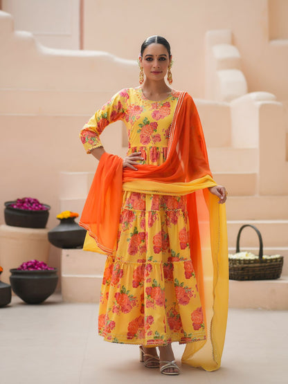 Dhiyona RR Women's Floral Printed Sequinned Pure Cotton Anarkali Kurta with Trousers & Dupatta