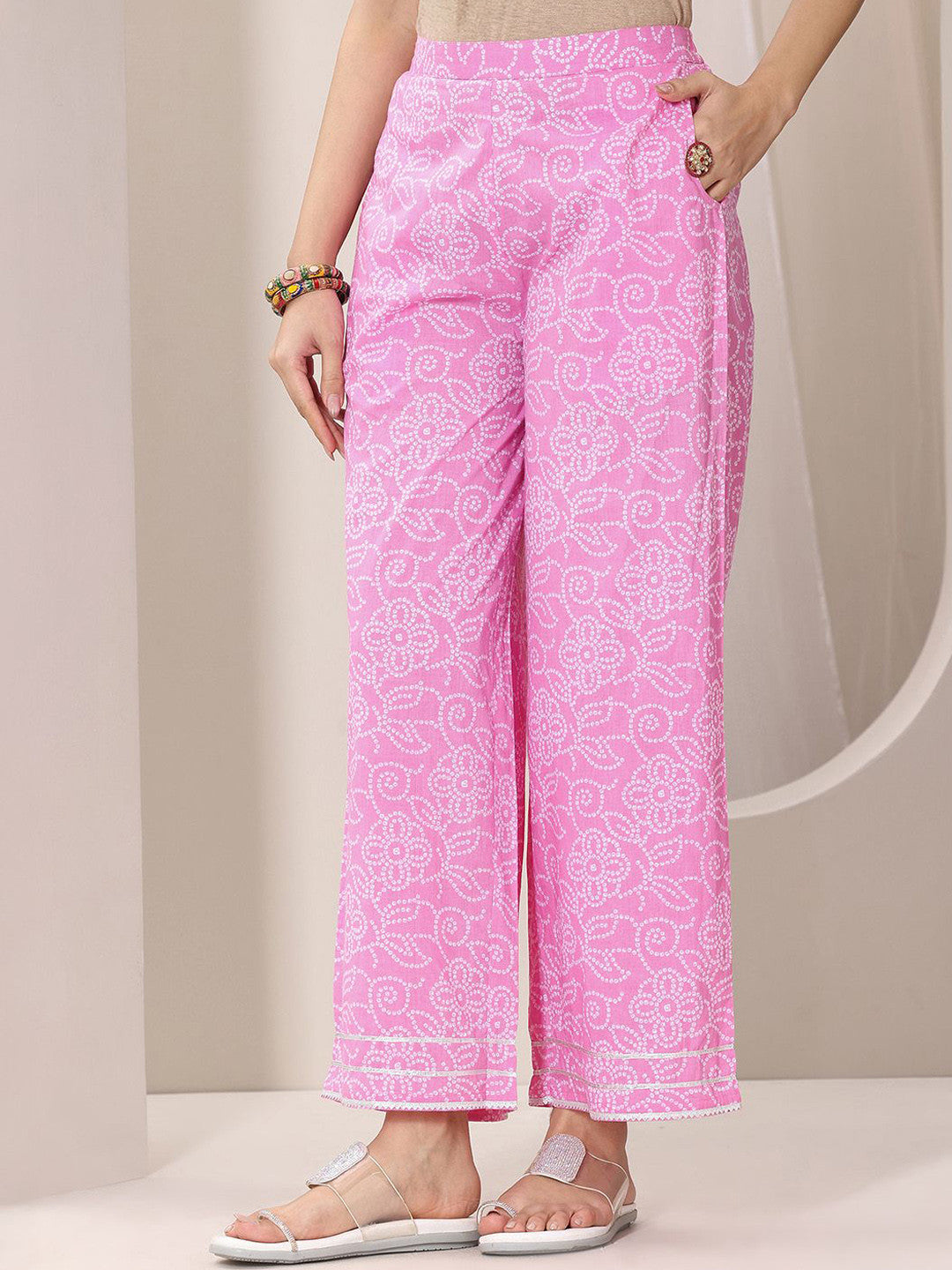 Bandhani Printed Thread Work Straight Kurta With Palazzos & Dupatta