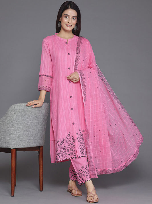 Floral Embroidered Thread Work Pure Cotton Straight Kurta With Trousers & Dupatta