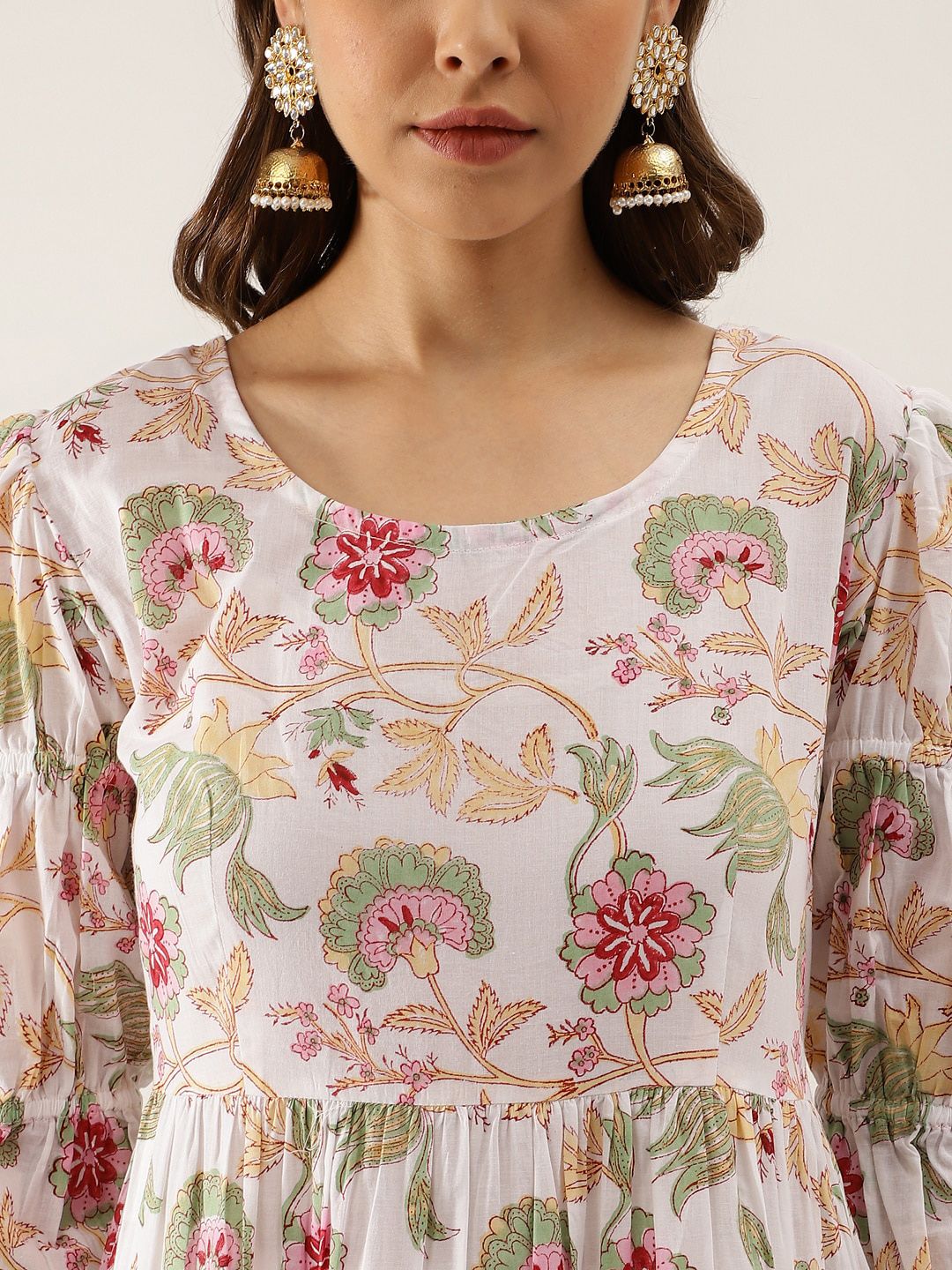 Dhiyona KL Floral Printed Puffed Sleeves Pure Cotton Anarkali Kurta & Trousers With Dupatta