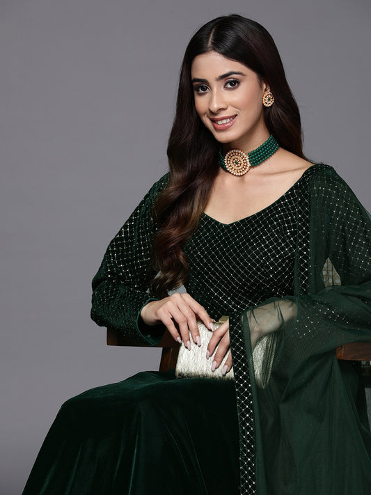 Womens Green Embroidered Velvet Anarkali Kurta With Trousers & Dupatta