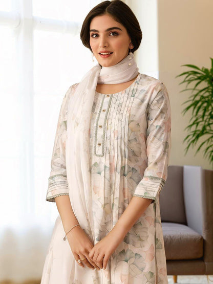 Dhiyona IS Women's White Floral Printed Beads & Stones A-Line Kurta & Trousers With Dupatta