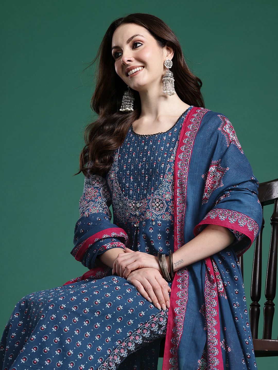 Dhiyona IE Ethnic Motifs Printed Mirror Work Pure Cotton Kurta with Trousers & With Dupatta