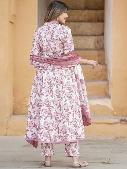 Dhiyona KL Floral Printed Regular Thread Work Pure Cotton Kurta with Trousers & Dupatta