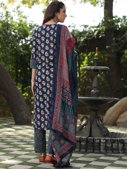 Dhiyona RR Women's Floral Printed Pure Cotton Straight Kurta With Trouser & Dupatta