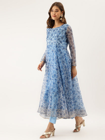 Dhiyona KL Floral Printed Gotta Patti Detail Anarkali Kurta & Trousers With Dupatta