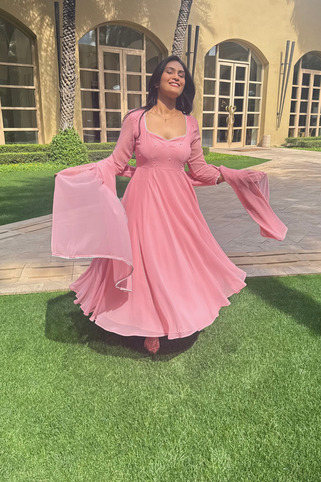 Dhiyona ST 3 pc Suit Set -Light Pink Pearl Edge Georgette 3/4th Sleeve Anarkali with Dupatta and Pants
