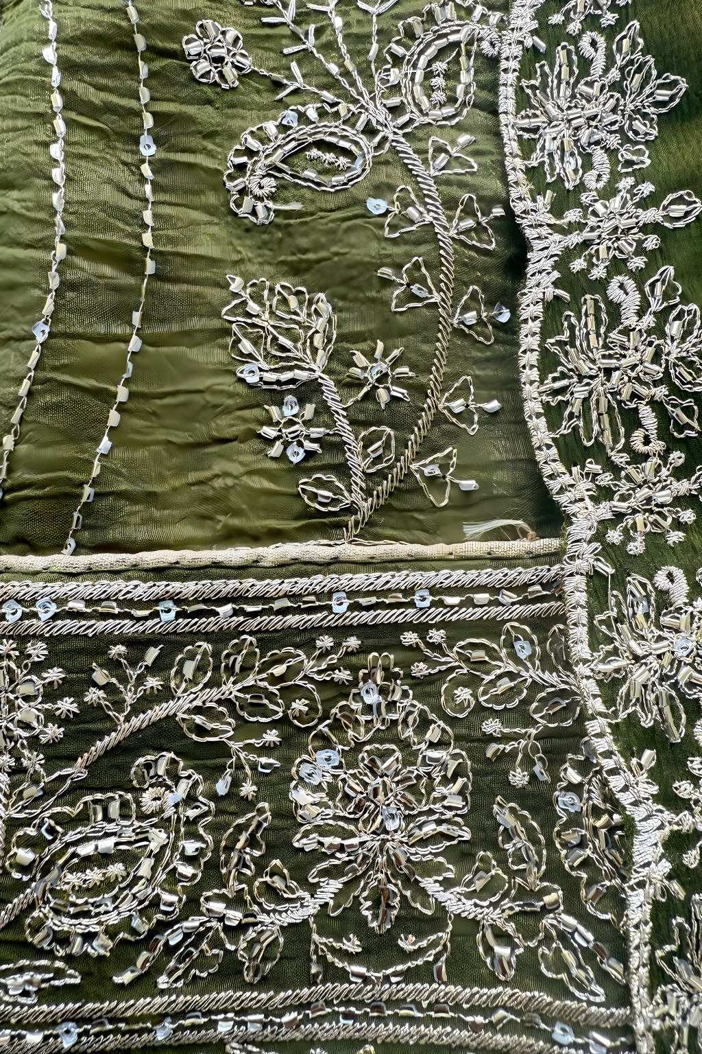 Dhiyona ST 3 Pc Unstitched Suit - Chiffon Green hand Embroidered Beaded Kurta with Lining ,Dupatta and Bottom